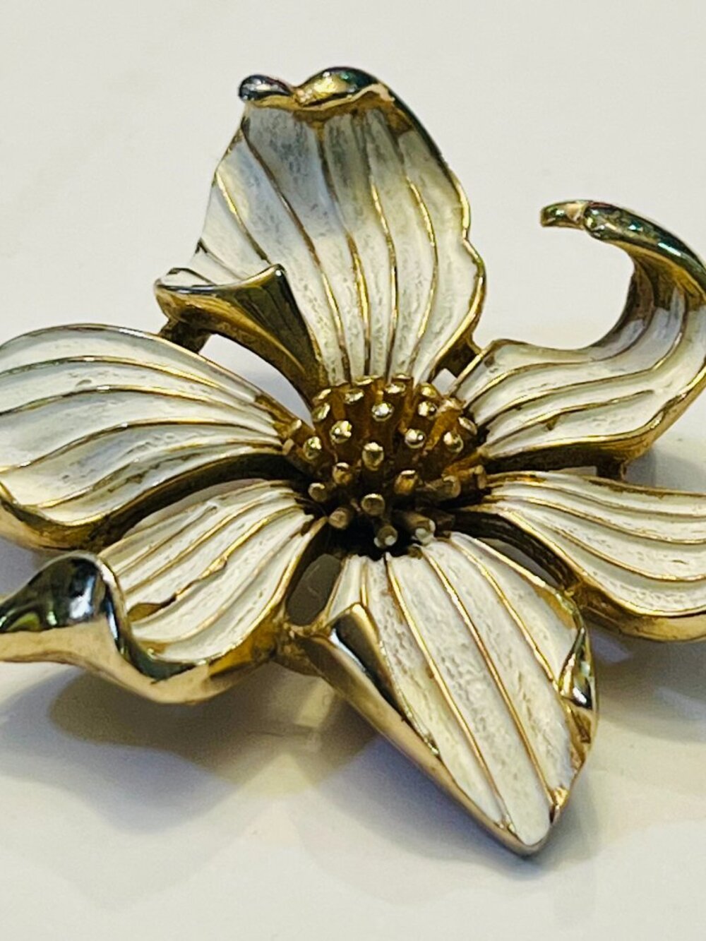 Marcel Boucher Dogwood Brooch Gold Tone White Enamel Flower Pin 1962s